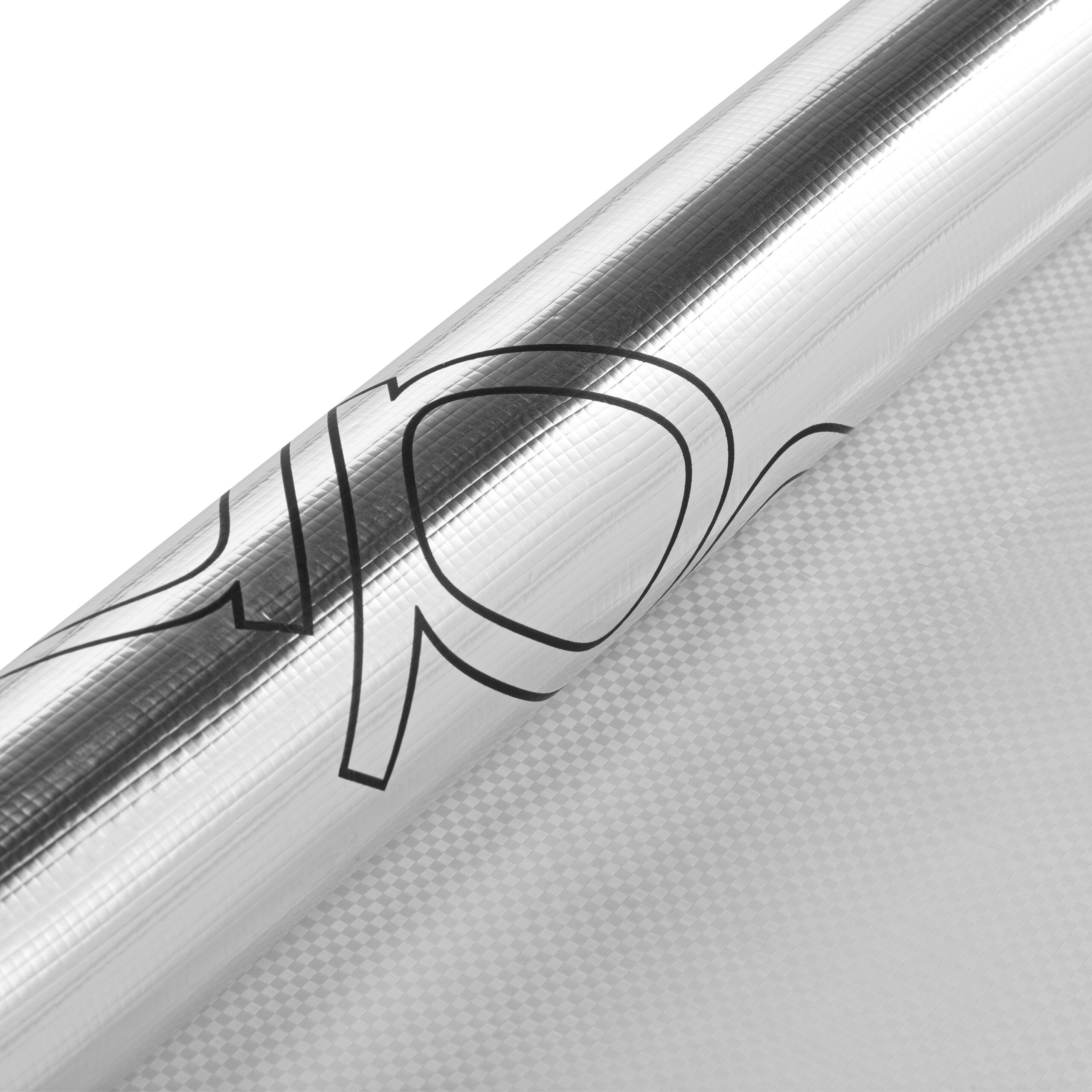 Close-up of a roll of SuperFOIL SFTV-FR with a logo on a white background