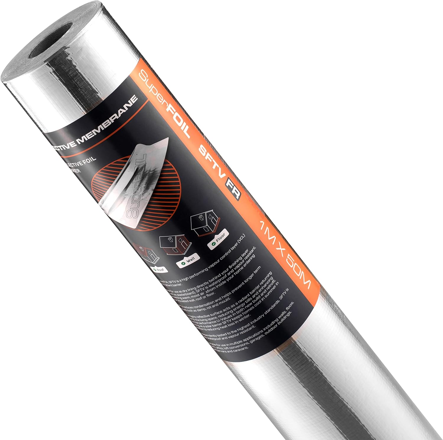 Roll of metallic SuperFOIL SFTV-FR with a label on a white background