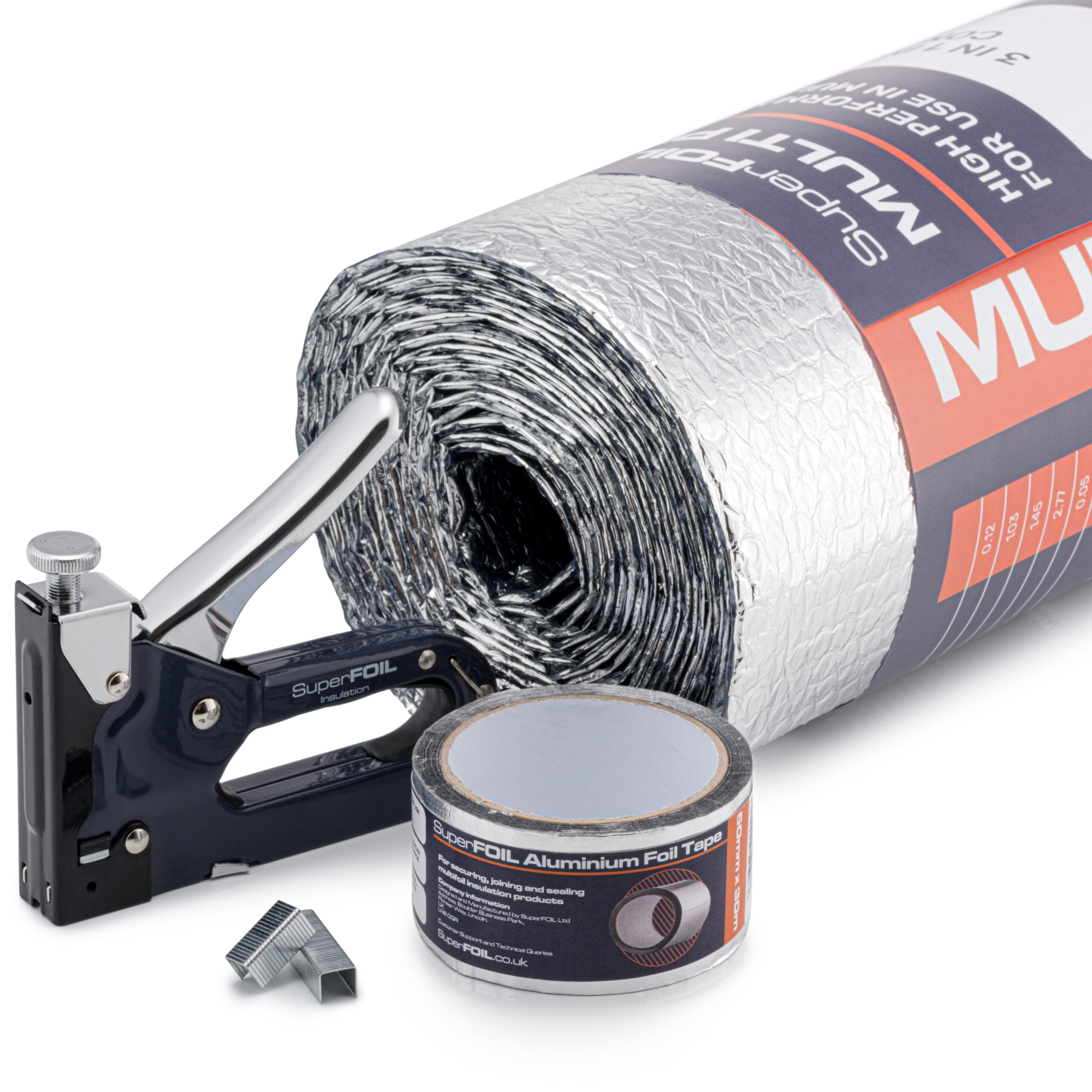SuperFOIL insulation roll with staple gun and tape on a white background