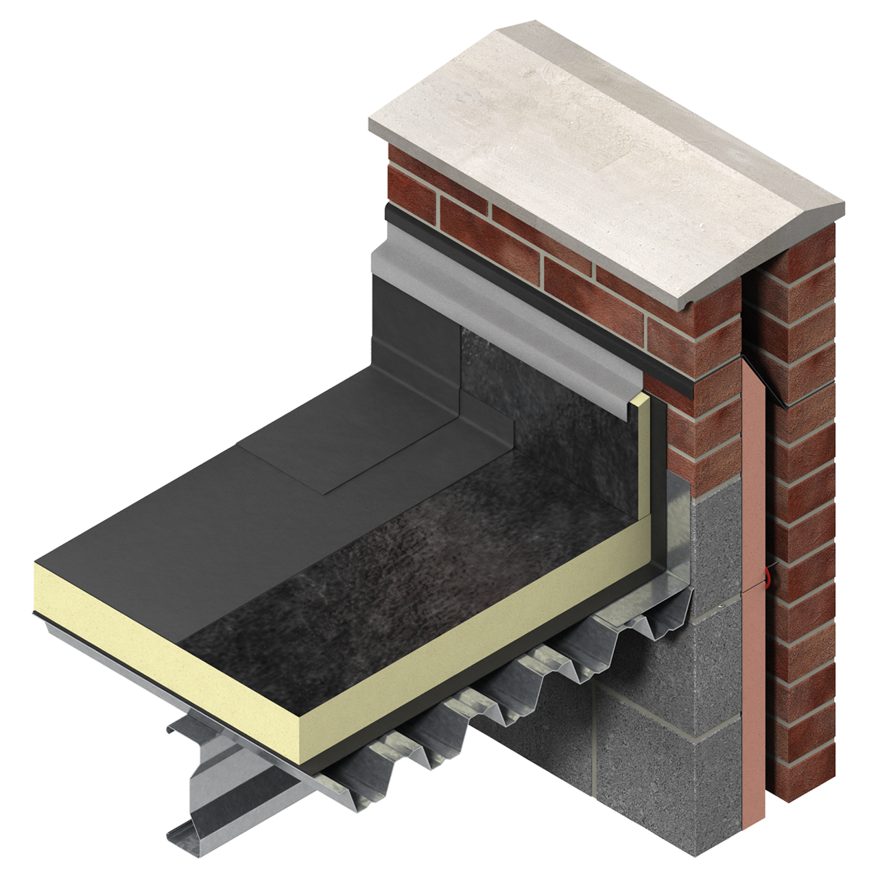 Kingspan TR24 insulation in a flat roof system on corrugated metal deck, with full layer build-up and parapet detailing.