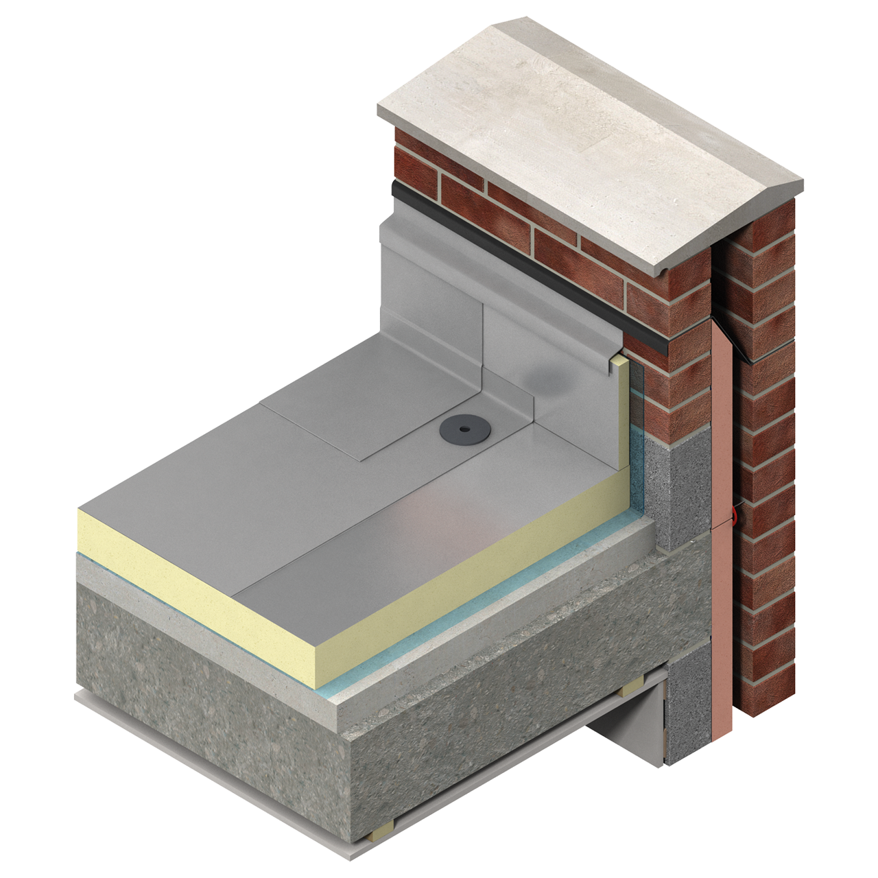 Concrete deck flat roof assembly with Kingspan TR26 insulation, vapour control layer, and light grey waterproofing membrane to parapet.

