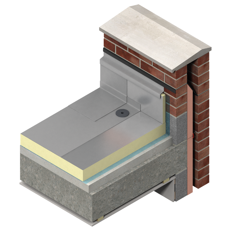 Concrete deck flat roof assembly with Kingspan TR26 insulation, vapour control layer, and light grey waterproofing membrane to parapet.

