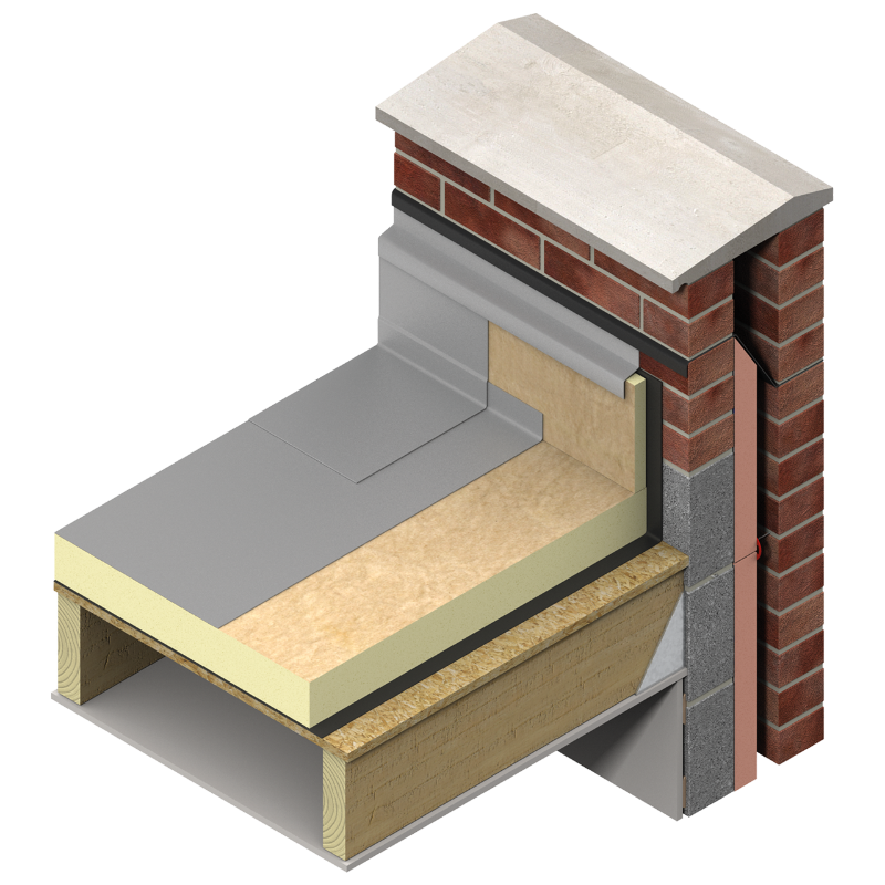 Cutaway view of a flat roof on a timber deck, with PIR insulation, vapour control layer, waterproof membrane, and brick parapet wall.

