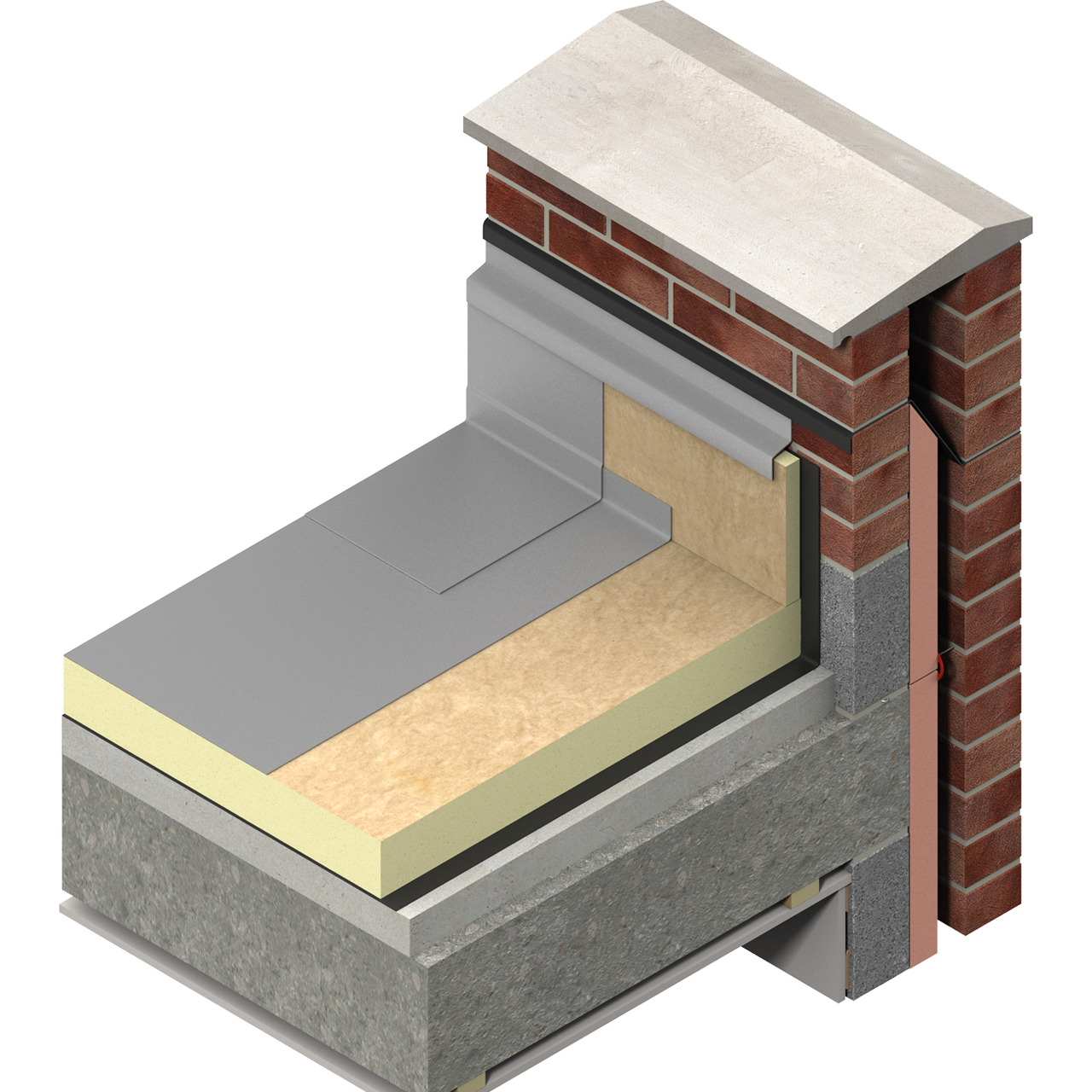Cutaway of a flat roof build-up over a concrete deck, including PIR insulation, VCL, membrane, and a brick parapet with light copings.

