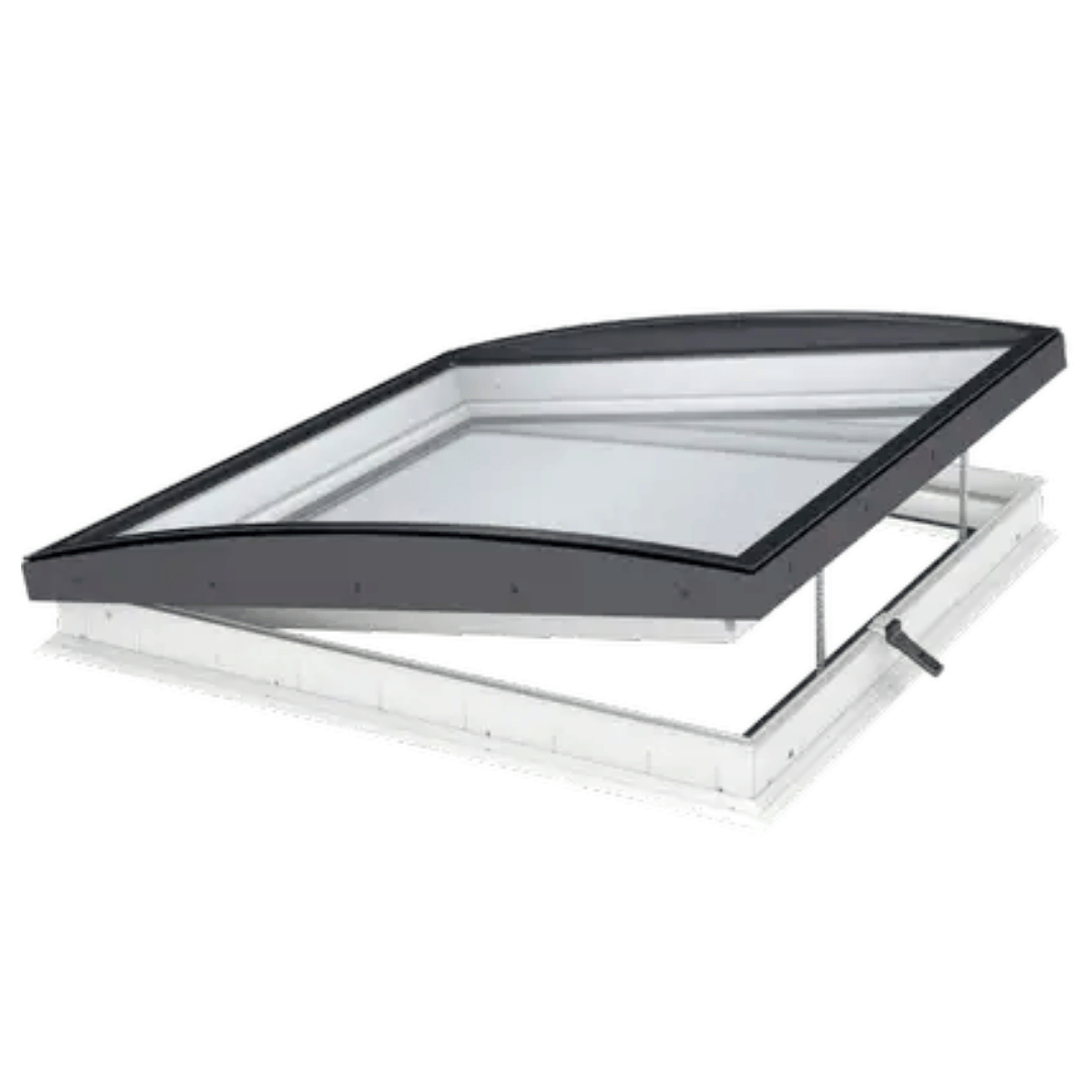 A skylight window with a black frame and clear glass, shown open on a white support frame against a white background.