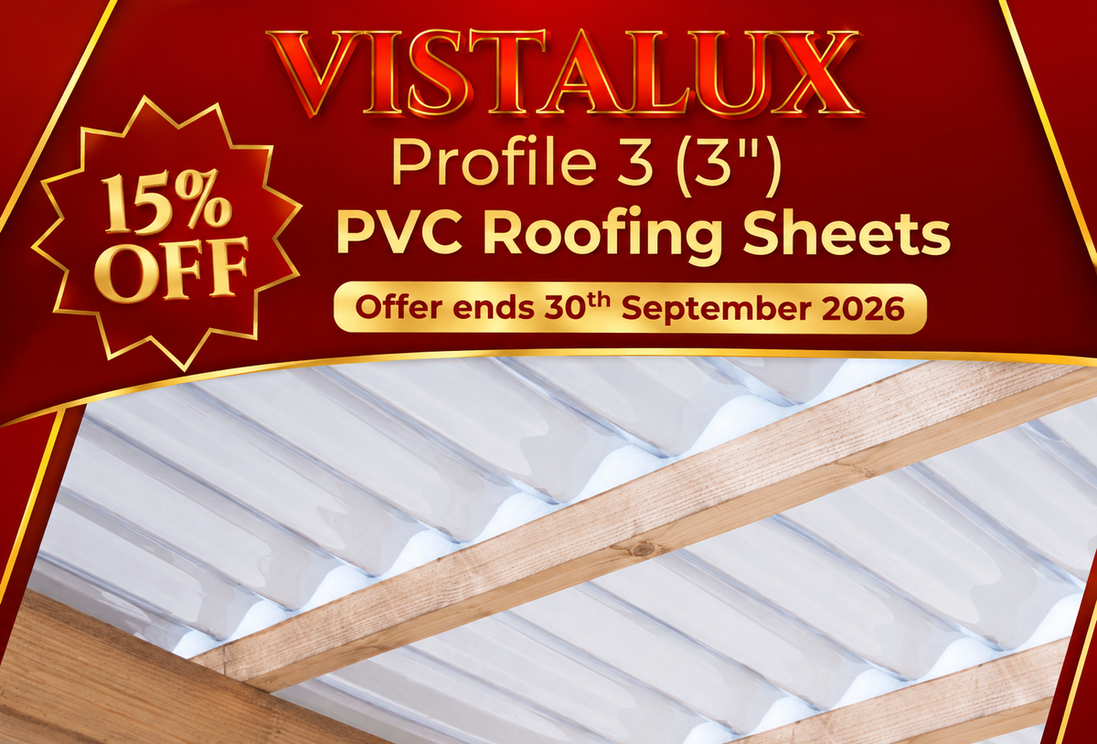 Promotional graphic for Vistalux Profile 3 (3") PVC Roofing Sheets, featuring a red header with gold text and a 15% off badge, above a photo of white corrugated roofing sheets installed on a wooden roof structure.