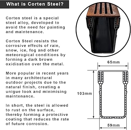 CorTen steel product with text explaining its properties and uses