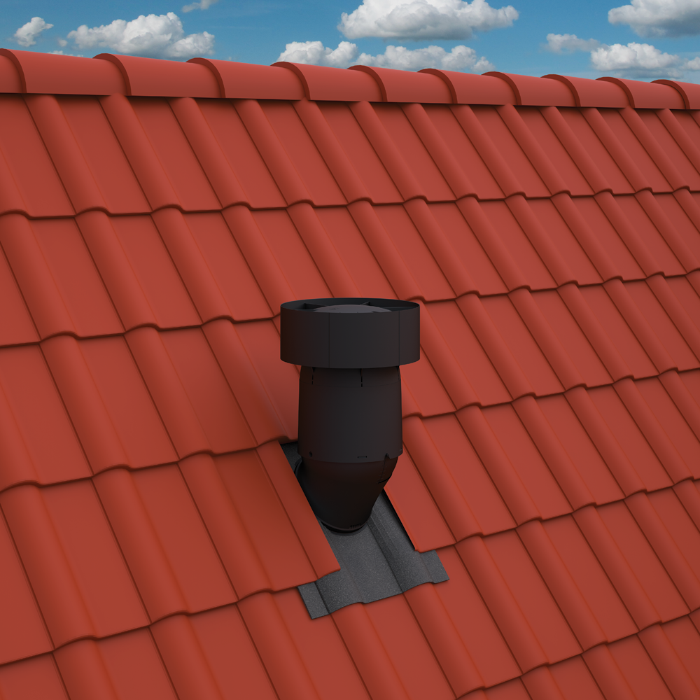 Illustration of a house with Ubbink Ventus roof terminal and heat recovery ventilation system