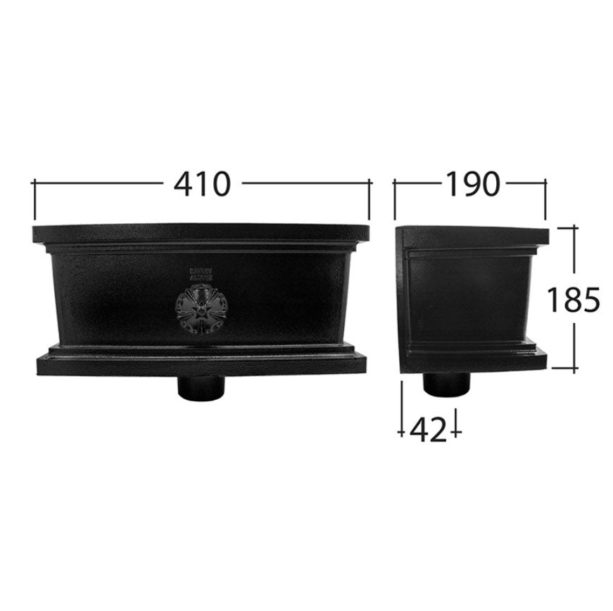 Ornamental black aluminium square drain hopper with 72x72mm measurements shown, designed for Alutec rainwater downpipe systems.