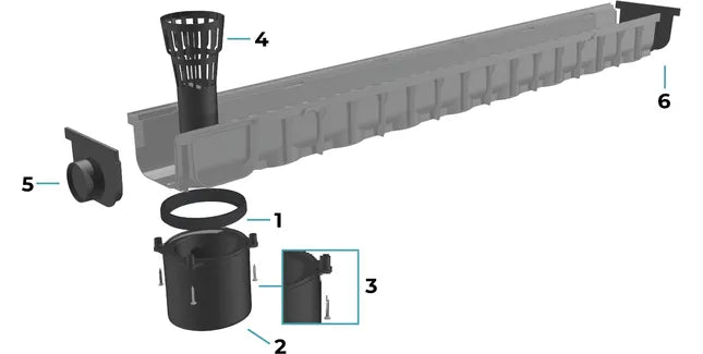 Gutter system components including a main gutter, downspout, and additional parts on a white background.