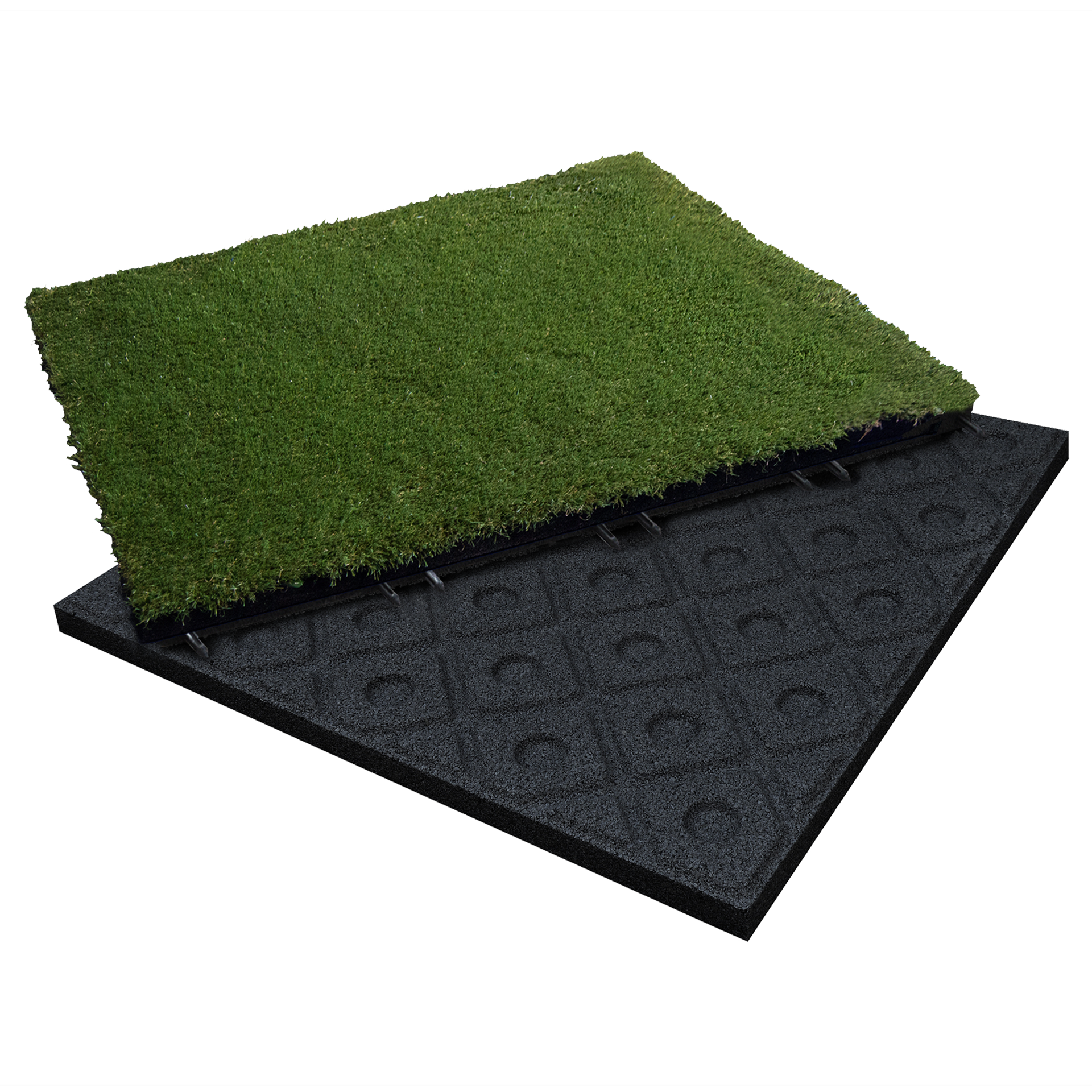 Rubbertech ecotred Turf artificial lawn tiles showing the recycled rubber underside with integrated drainage channels